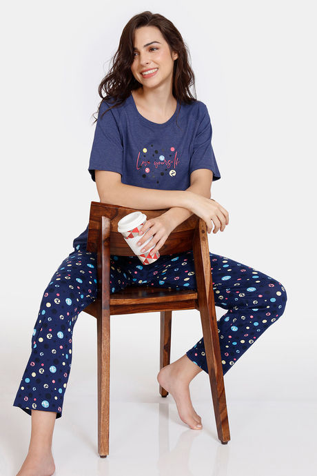 Zivame Z Fun Knit Poly Pyjama Set - Medieval Blue — image 4