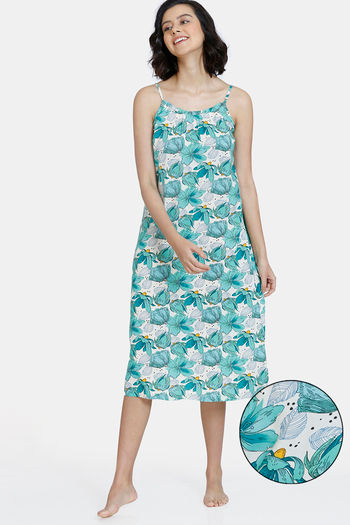 Zivame Blotched Bloom Woven Mid Length Nightdress -Florida Key