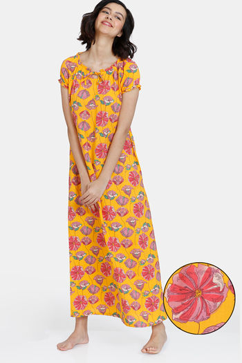 Zivame Blotched Bloom Woven Full Length Nightdress - Solar Power