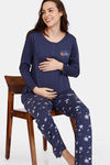 Zivame Maternity Knit Cotton Pyjama Set - Crown Blue — thumbnail 4