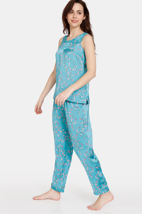 Zivame Sprigged Florals Woven Pyjama Set - Tile Blue — image 2