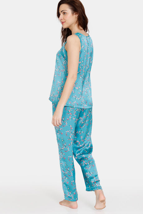 Zivame Sprigged Florals Woven Pyjama Set - Tile Blue — image 3