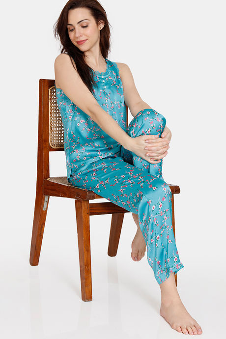 Zivame Sprigged Florals Woven Pyjama Set - Tile Blue — image 4