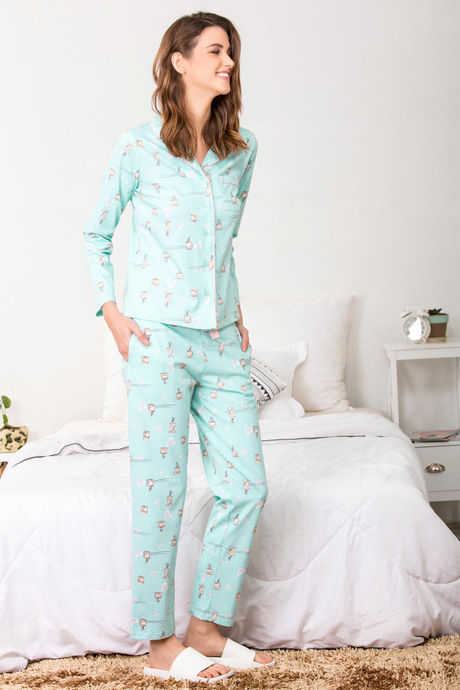 

Zivame Coffee Times Top N Pyjama Set Blue N Print, Blues