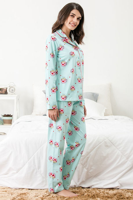 

Zivame Coffee Times Top N Pyjama Set Blue N Print, Blues