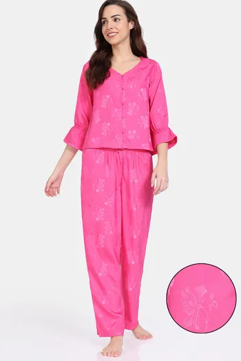 Zivame Floral Vows Woven Pyjama Set - Tea Rose