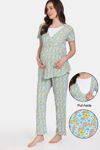 Zivame Maternity Retro Flowers Knit Cotton Pyjama Set - Cyan Blue