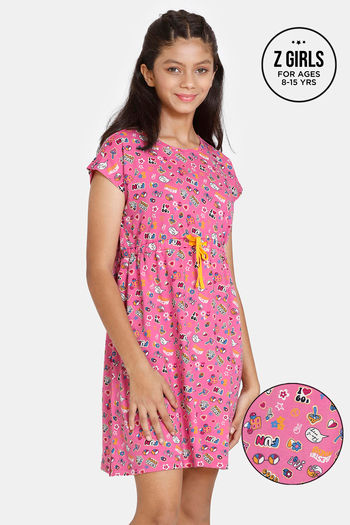 Zivame Girls Stickerish Knit Cotton Knee Length Nightdress - Ibis Rose
