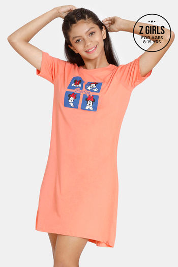 Zivame Girls Disney Knit Cotton Knee Length Nightdress - Peach Pink