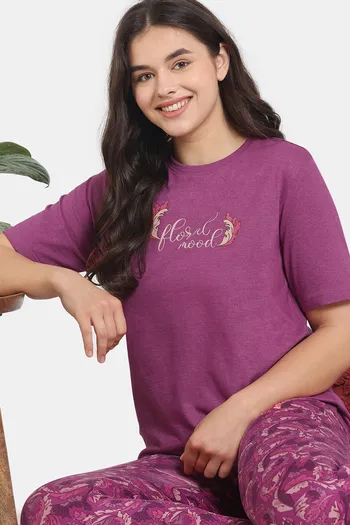 Zivame Vivacious Foliage Knit Poly Pyjama Set - Festival Fuchsia