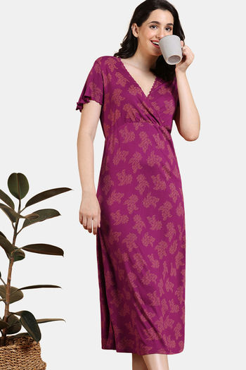 Zivame Gilded Opulence Viscose Mid Length Nightdress - Red Plum