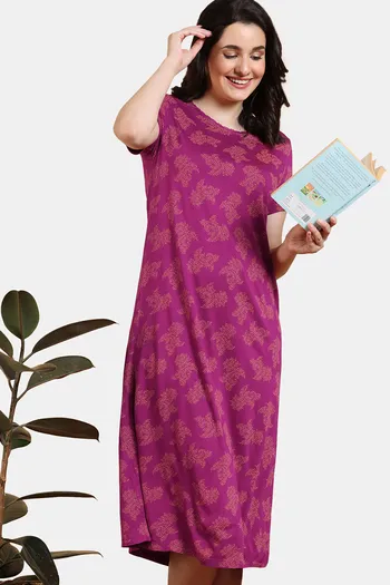 Zivame Gilded Opulence Viscose Mid Length Nightdress - Red Plum