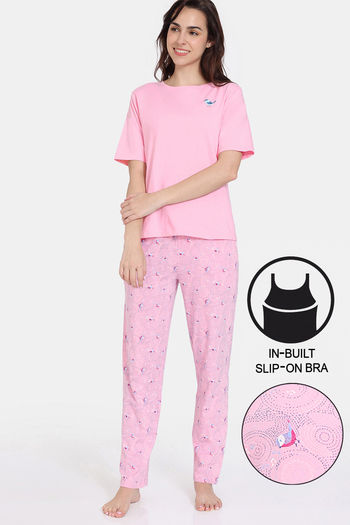 Zivame Tell A Tale Knit Cotton Pyjama Set - Candy Pink