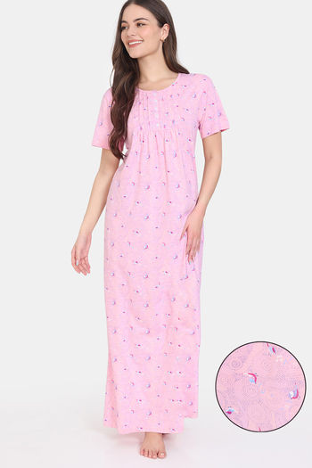 Zivame Tell A Tale Knit Cotton Full Length Nightdress - Candy Pink