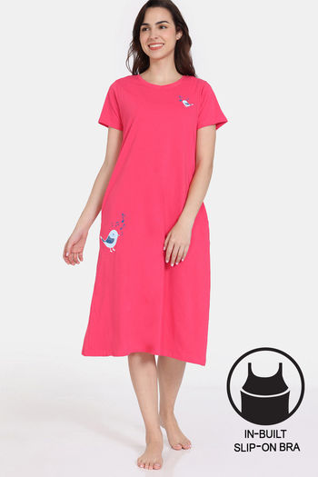 Zivame Tell A Tale Knit Cotton Mid Length Nightdress - Paradise Pink