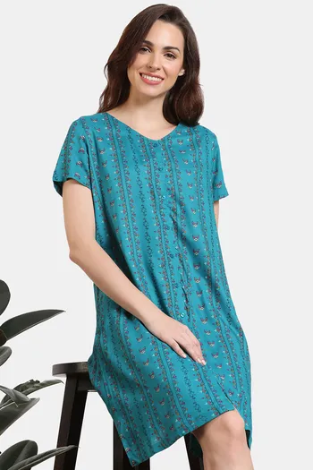 Zivame Zellij Dreams Woven Knee Length Nightdress - Lake Blue