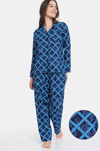 Zivame Bloom Hive Woven Pyjama Set - Medieval Blue