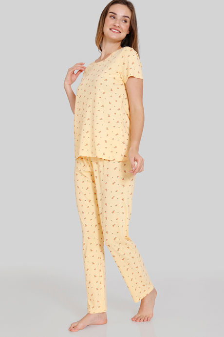 Zivame Ditsy Florals Knit Cotton Pyjama Set - Buff — image 2