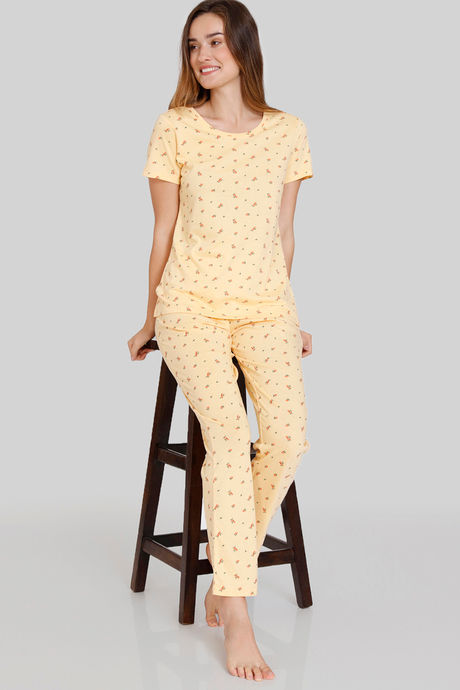 Zivame Ditsy Florals Knit Cotton Pyjama Set - Buff — image 4