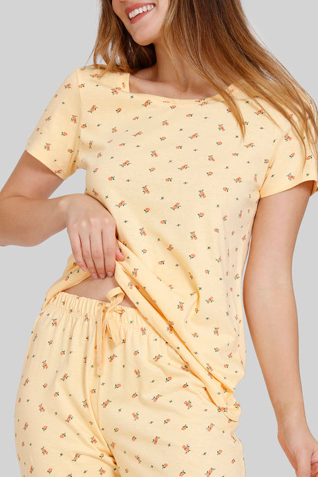 Zivame Ditsy Florals Knit Cotton Pyjama Set - Buff — image 5