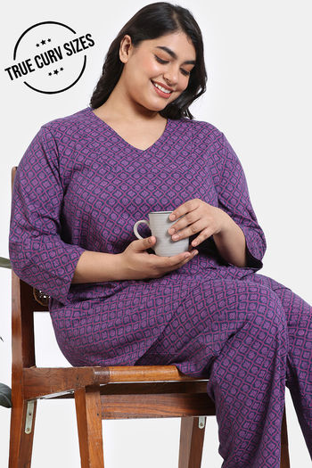 Zivame True Curv Petal Dreams Knit Cotton Pyjama Set - Medivel Blue