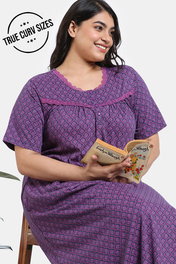 Zivame True Curv Petal Dreams Knit Cotton Full Length Nightdress - Medivel Blue