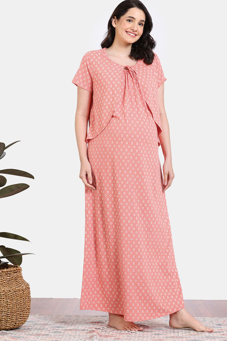 Zivame Maternity Petal Dreams Knit Cotton Full Length Nightdress - Emberglow — image 2