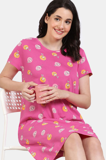 Zivame Disco Sunset Knit Cotton Knee Length Nightdress - Fuchsia Purple