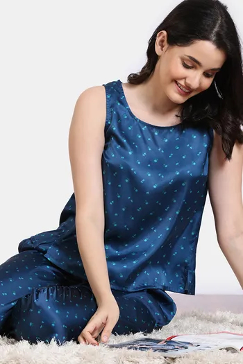 Zivame Silken Promises Woven Pyjama Set - Blue Opal