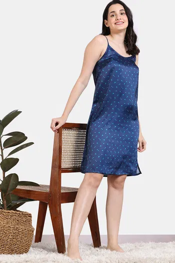 Zivame Silken Promises Woven Knee Length Nightdress - Blue Opal