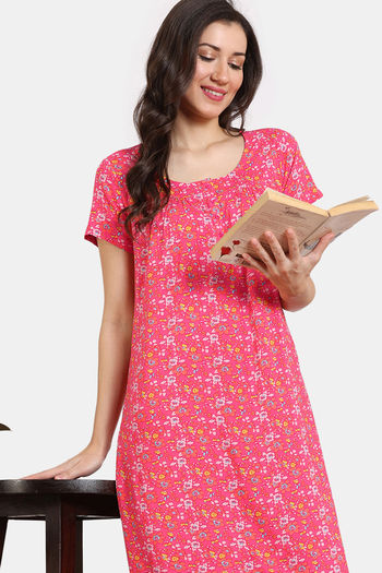 Zivame Floral Pop Woven Full Length Nightdress - Coral Paradise