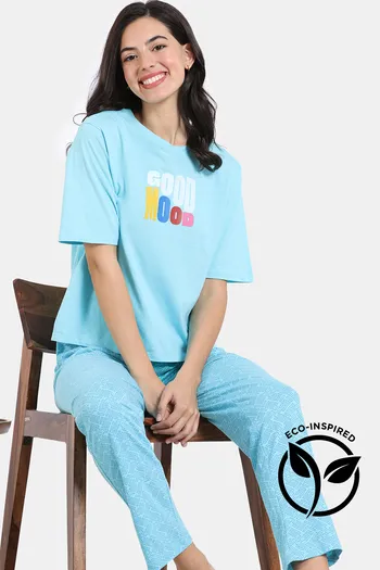 Zivame Pixel Play Knit Cotton Pyjama Set - Blue Radiance