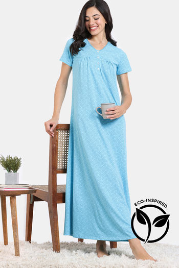 Zivame Pixel Play Knit Cotton Full Length Nightdress - Blue Radiance
