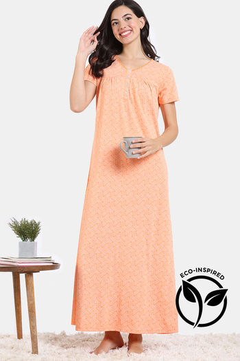 Zivame Pixel Play Knit Cotton Full Length Nightdress - Mock Orange