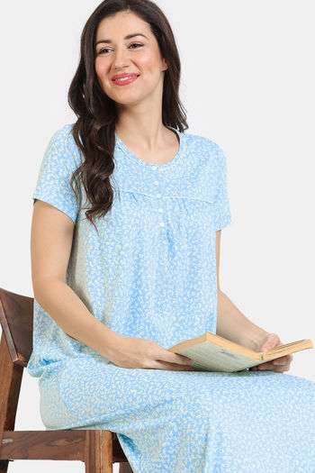 Zivame Summer Thyme Knit Cotton Full Length Nightdress - Starlight Blue