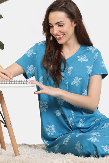 Zivame Floral Fancy Knit Cotton Mid Length Nightdress - Barrier Reef