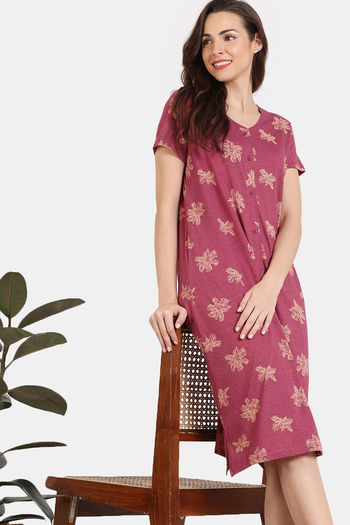 Zivame Floral Fancy Knit Cotton Mid Length Nightdress - Cherries Jublie