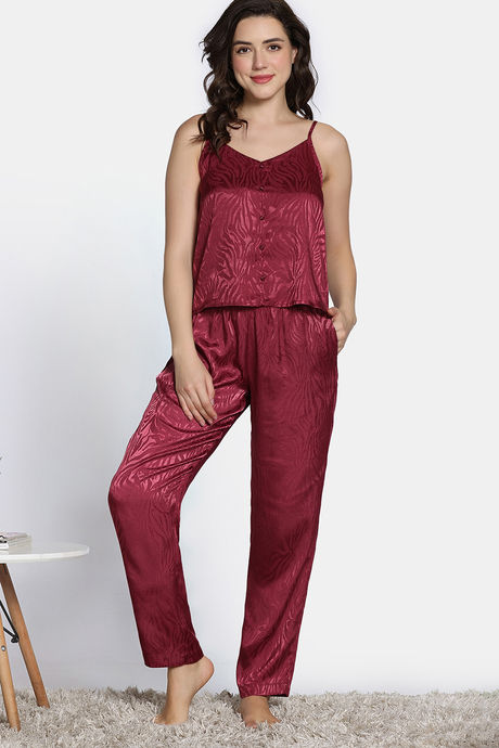 Zivame Vintage Haze Woven Pyjama Set - Maroon — image 2