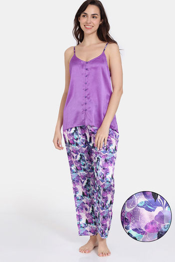 Zivame Bohemian Blooms Woven Pyjama Set - Purple Magic