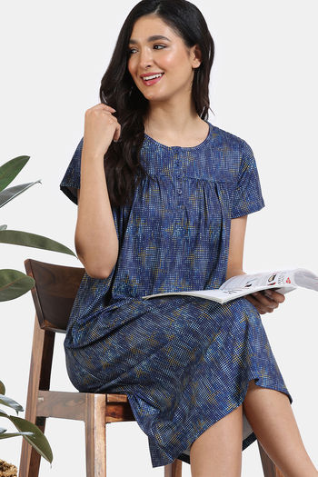 Zivame Mod Magic Knit Poly Mid Length Nightdress - Blue Depth