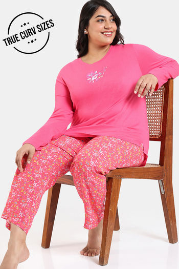 Zivame True Curv Floral Pop Woven Pyjama Set - Coral Paradise