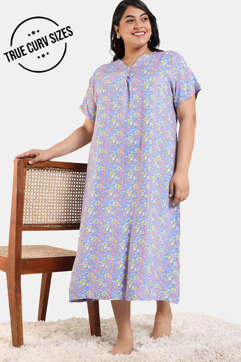 Zivame True Curv Floral Pop Woven Mid Length Nightdress - Dutch Canal