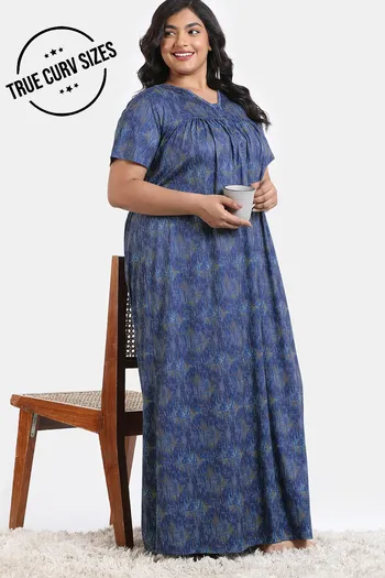 Zivame True Curv Mod Magic Knit Cotton Mid Length Nightdress - Blue Depth