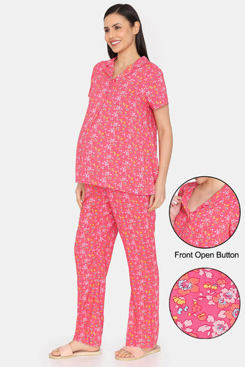 Zivame Maternity Floral Pop Woven Pyjama Set - Coral Paradise