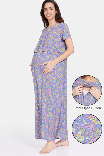 Zivame Maternity Floral Pop Woven Full Length Nightdress - Dutch Canal