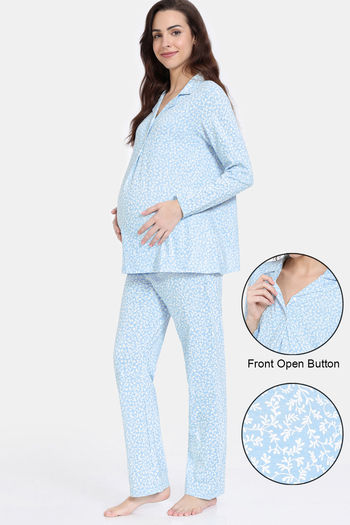 Zivame Maternity Summer Thyme Knit Cotton Pyjama Set - Starlight Blue