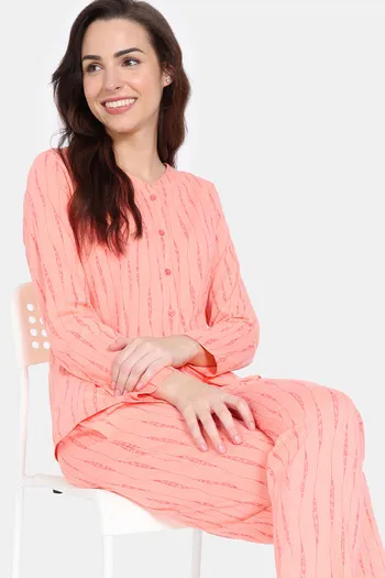 Zivame Peeking Barks Knit Cotton Pyjama Set - Peach Nector