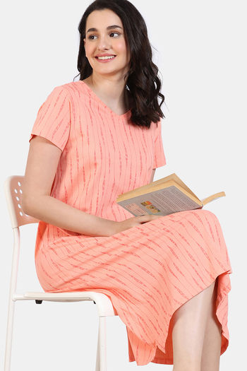 Zivame Peeking Barks Knit Cotton Mid Length Nightdress - Peach Nector