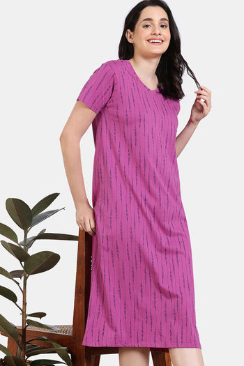 Zivame Peeking Barks Knit Cotton Mid Length Nightdress - Rose Violet