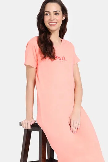 Zivame Peeking Barks Knit Cotton Mid Length Nightdress - Peach Nector